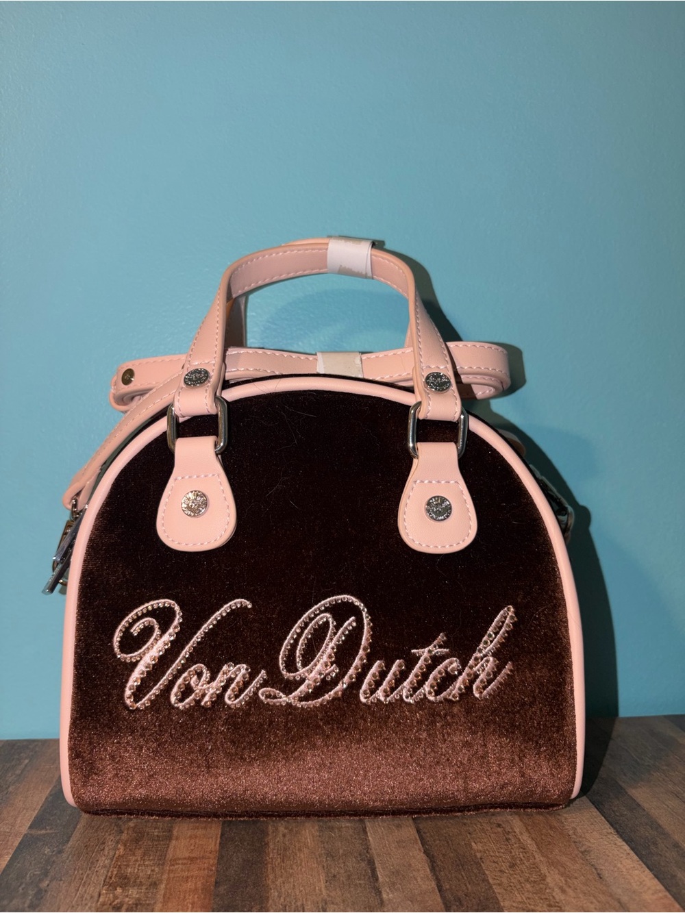 Von Dutch Pink & Brown Velvet Bowling Bag with Rhinestone Logo- LIMITED EDITION!